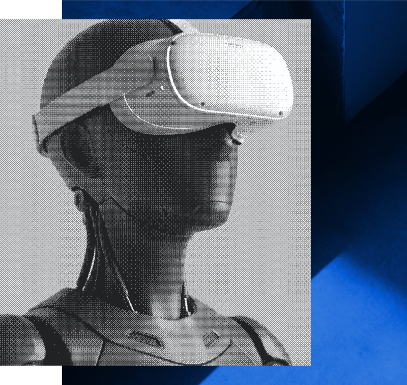 A person wearing a VR headset, rendered as a halftone illustration