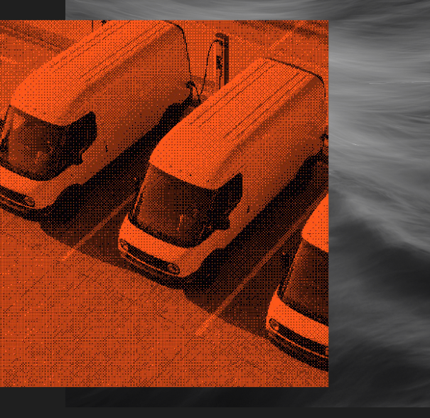 Three trucks rendered as orange halftone illustration with white grid overlay